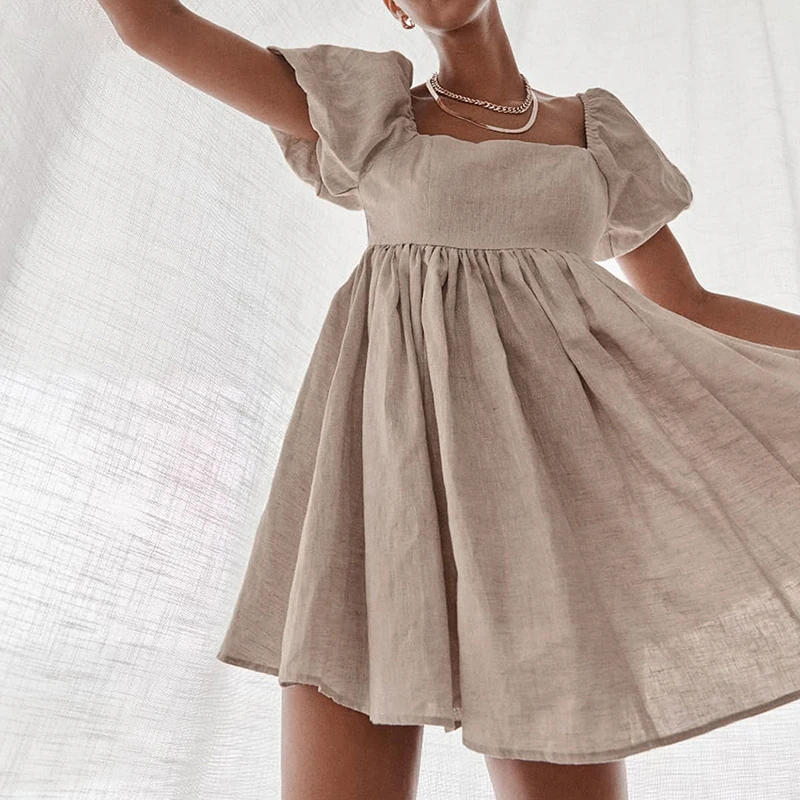 

Lantern Sleeve Mini Dress For Girls Elegant Suqare Collar Short Sleeve A-line Loose Party Dress Vintage Solid Soft Summer Dress