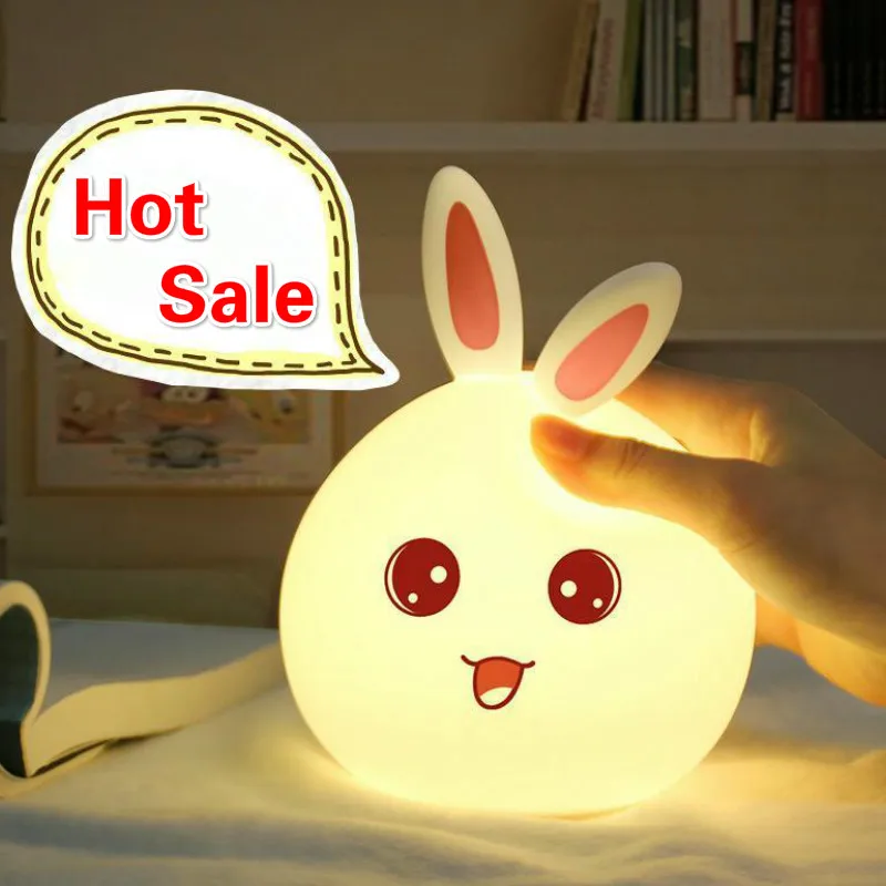 USB Rabbit Night light Led Desktop RGB Decorative Lamp Silicone Rechargeable for Kids Baby Gift Cute Animal Cartoon Lamps | Лампы и