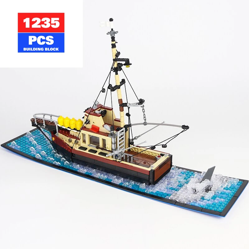 

Moc Technical Series Star Movie Great White Shark Fishing Boat Building Block Model Creative Expert Children Toy Birthday Gift