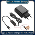 Raspberry Pi 4 Источник питания 5 В, 3 А, кабель с переключателем Type-C, штепсельная вилка Европейского, американского и британского стандарта, USBC провод, адаптер питания для Raspberry Pi 4, Модель B
