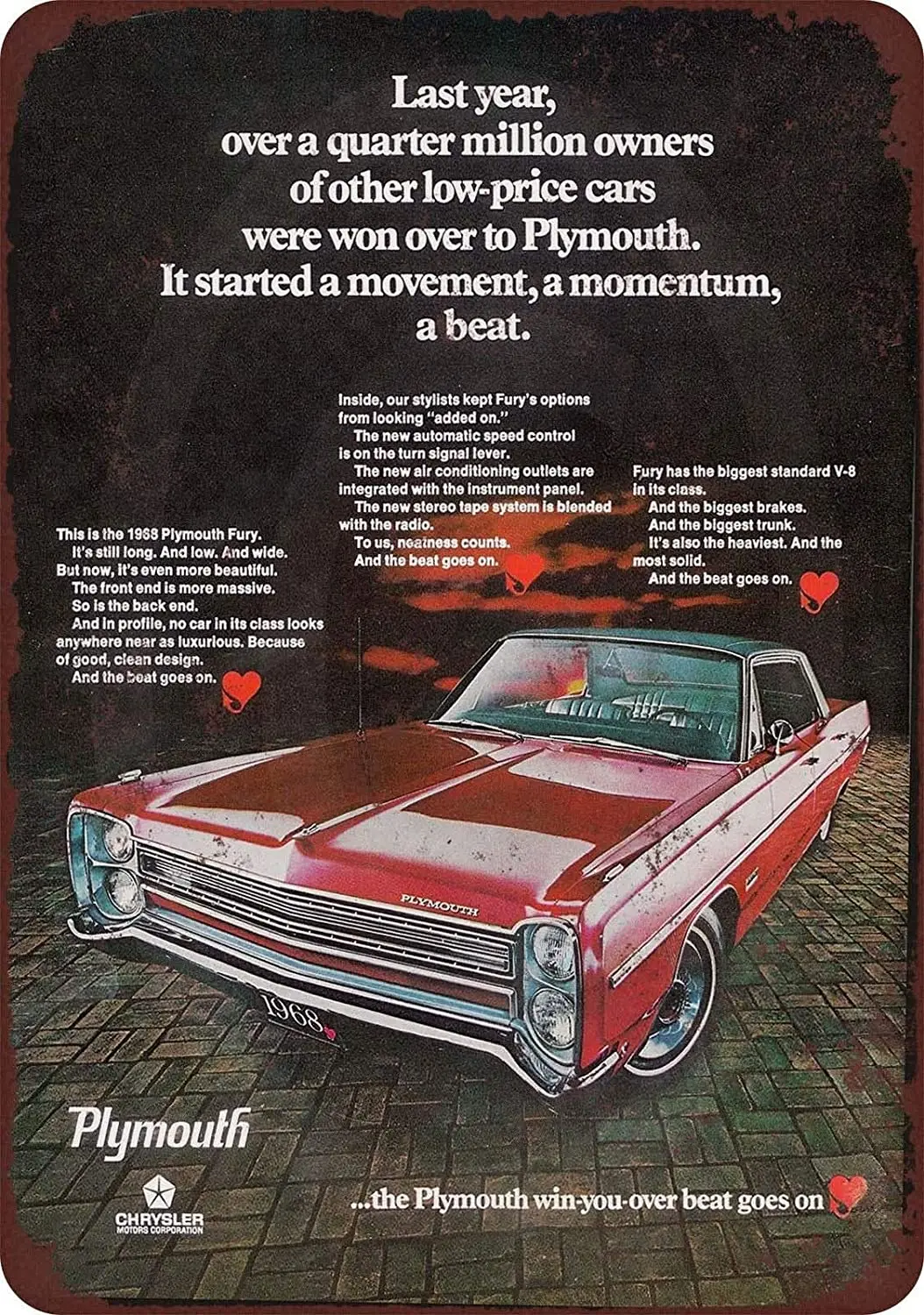 

HomDeo Retro Style Wall Decor for Garage Laundry Room Barber Shop Ranch Home 1967 Plymouth Fury Vintage Look Tin Sig