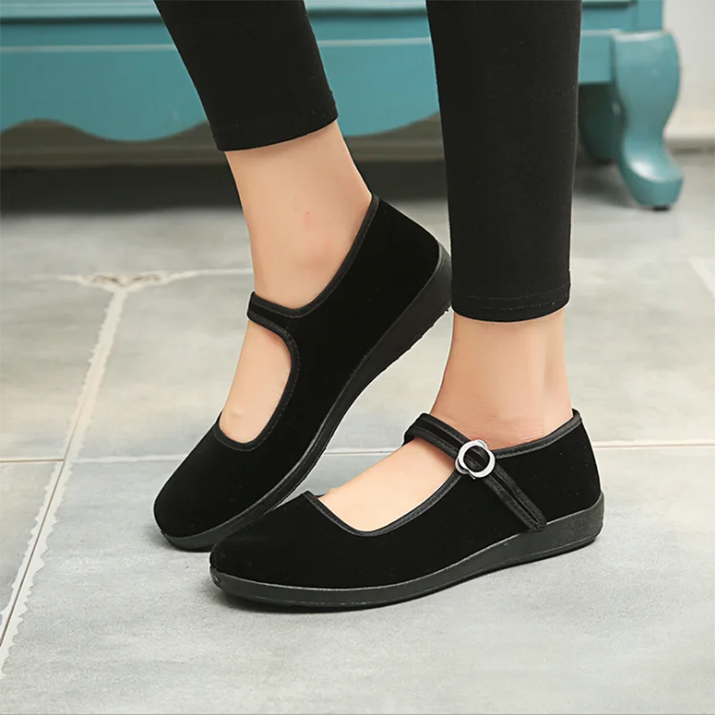 

Women Fabric Flats Autumn Loafers Ladies Buckle Strap Black Mary Janes Casual Mother Shoes Female Comfort Breathable Footwear
