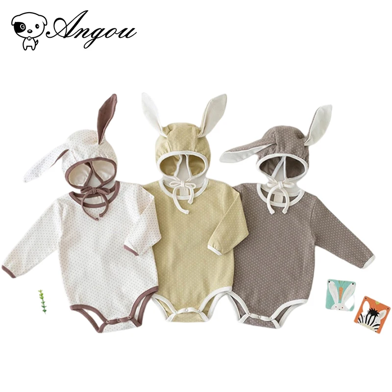 

Angou Infant Baby Boy Girl Suit Cute Rabbit Ears Dot Romper+Hat 2PCS Long Sleeves Bodysuits Casual Infant Baby Romper Clothes