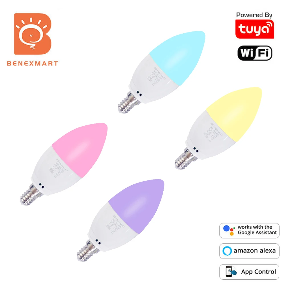 Benexmart 4 Pcs E14 Candle Light Tuya WiFi Led Bulb 5W RGBW Candle Bulb Smart Life Color Changing Alexa Google Home Decor 460lm