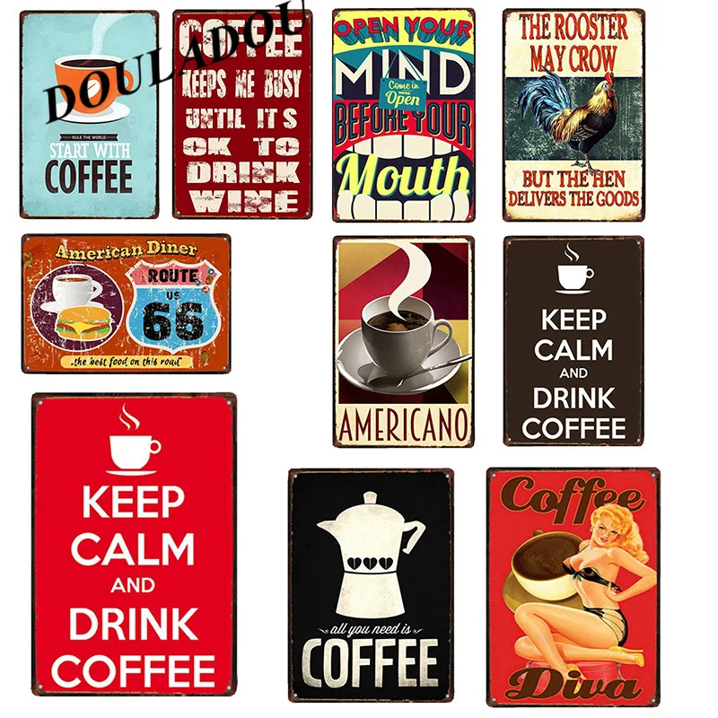

[Douladou]Lucky Cup COFFEE Vintage Metal Tin Sign Retro cafe Art Poster Plaque Poster Bar Pub hot coffee Wall Decoration 30*20CM