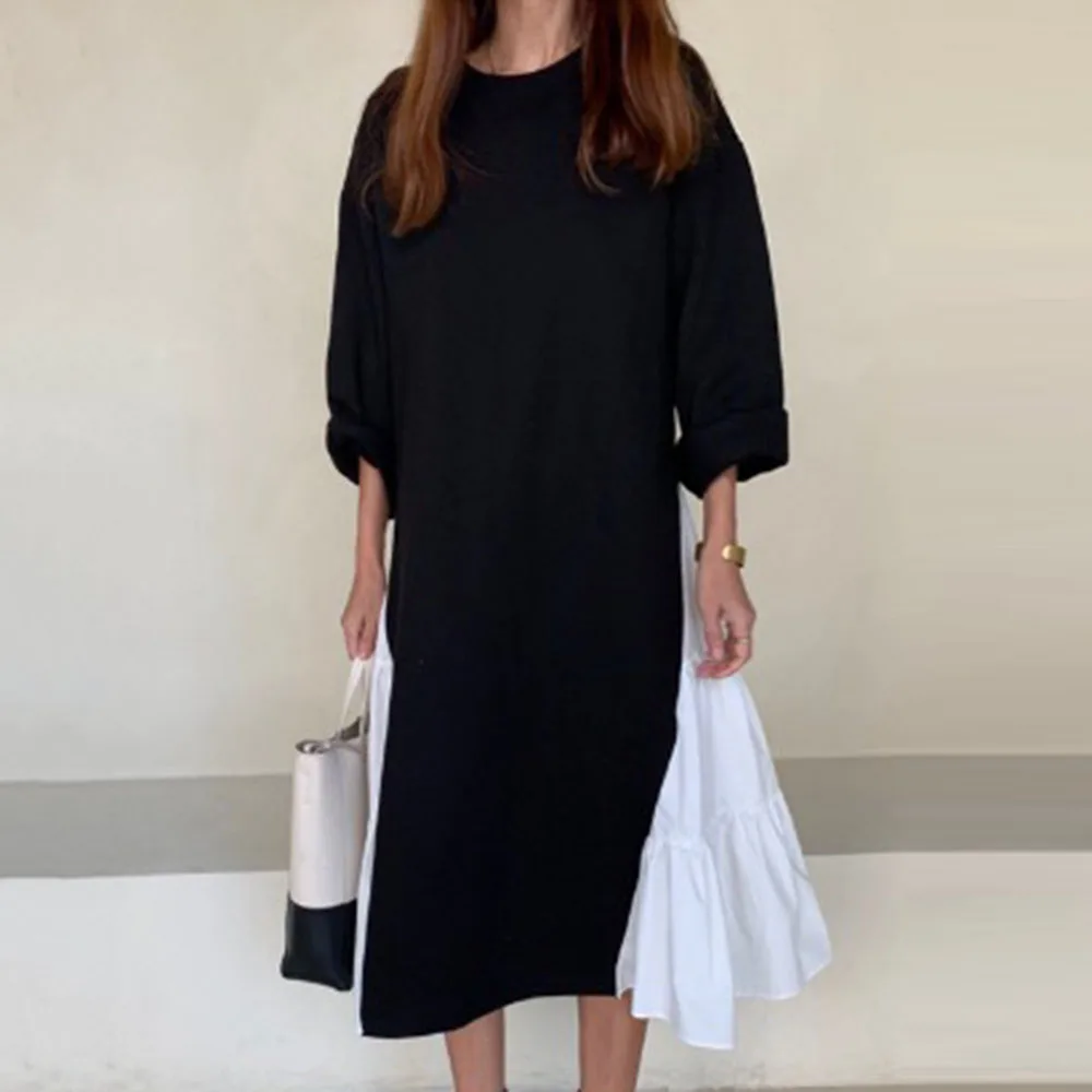 Весеннее платье с длинным рукавом Женский пуловер черно белые лоскутные