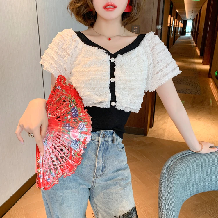 Кружевной Короткий Топ для женщин Летняя трикотажная блузка белого цвета с