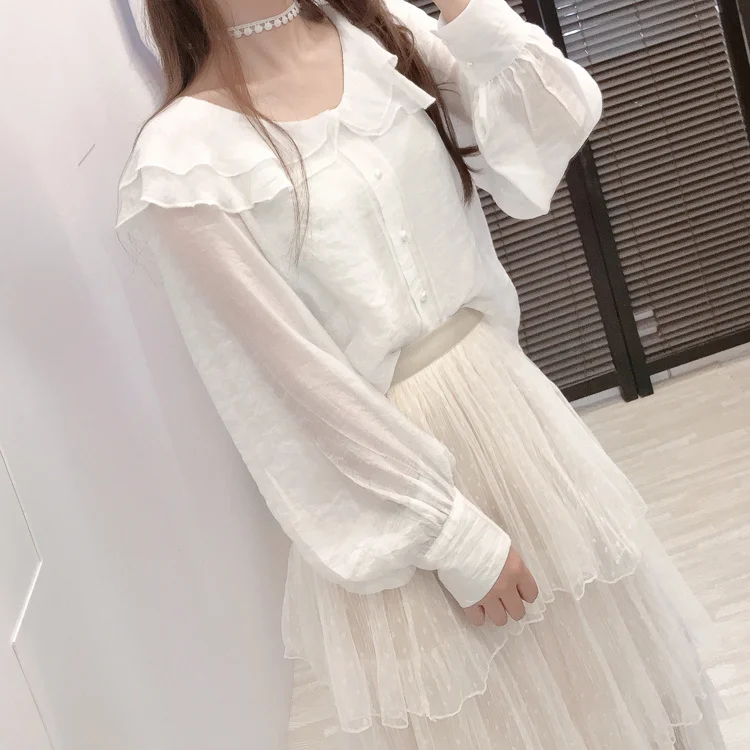 

Chic Gentle Ruffled Doll Collar Loose Long Sleeve Shirt Top