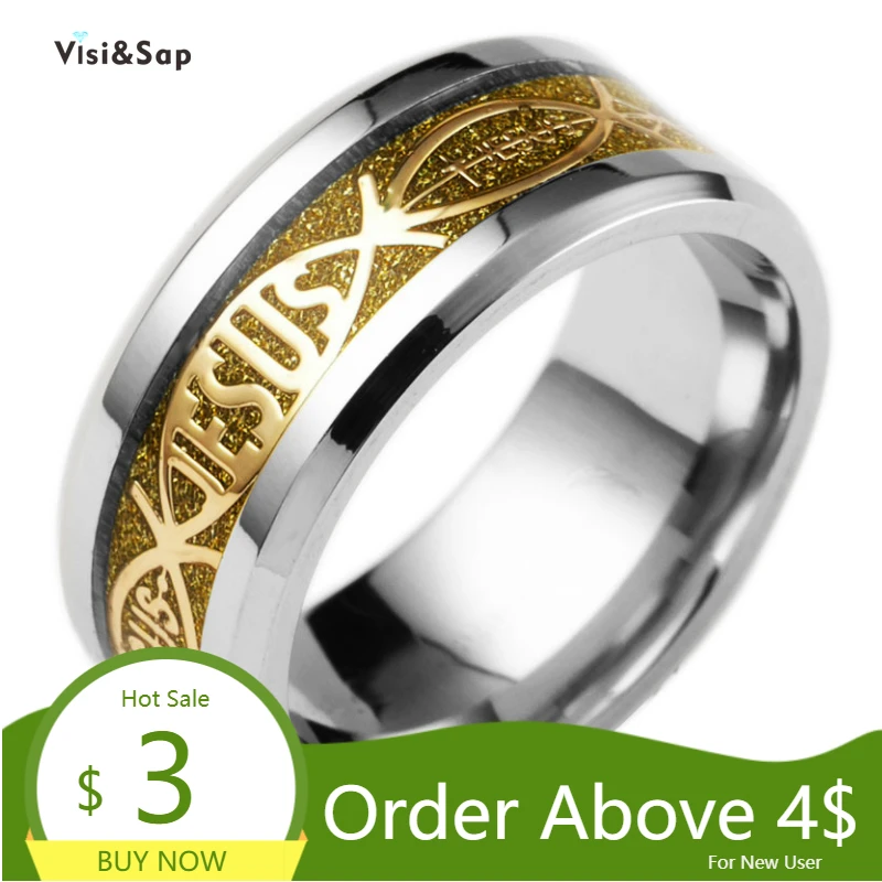 Visisap Иисус рыбы Рождество из нержавеющей стали кольцо белого золота Цвет Христа