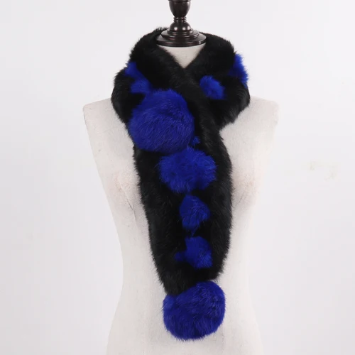 blue and black Бренд леди натуральный кроличий мех шарф женский зимний толстый теплый натуральный шерстяной шарф Россия женские уличные меховые шарфы - Цвет: blue and black