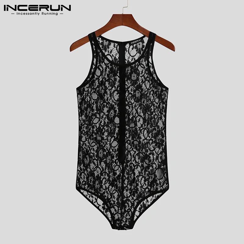 

Men Mesh Bodysuit Pajamas See Through Lace Sexy Homewear Sleeveless O Neck Rompers Sleepwear Breathable Bodysuits INCERUN S-5XL