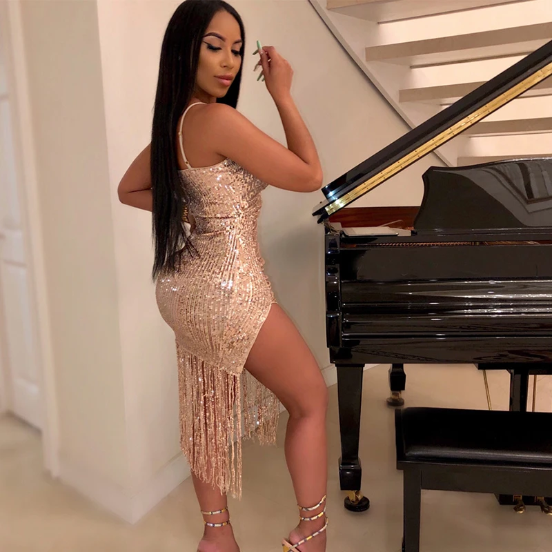 Сексуальное мини платье с блестками для женщин 2021 осень глубоким v образным