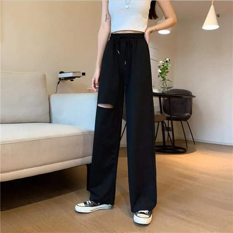 

6535 Cotton Elastic Drawstring Design Hole Casual Pants Women's Summer Sports Pants Falling Wide Leg Pants Mopping Pants
