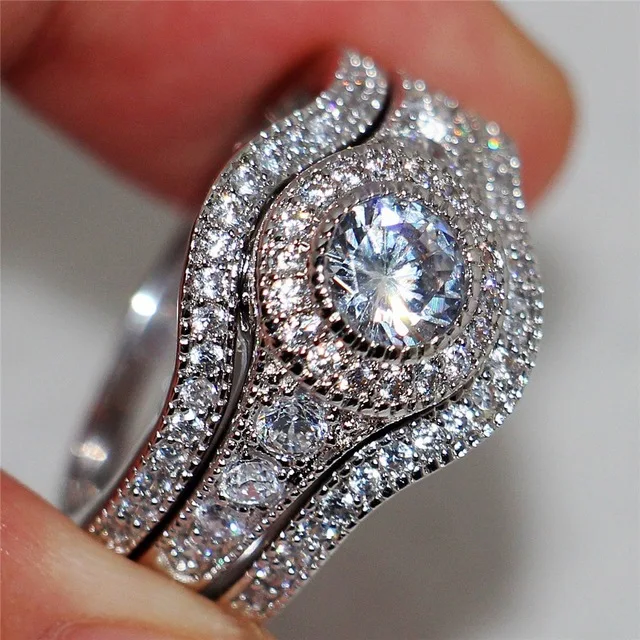 KNOCK 3pcs/Set Luxury Female White Round AAA Zircon Ring Set Fashion Silver Promise Engagement Rings For Women Jewelry - Цвет основного камня: 00000124