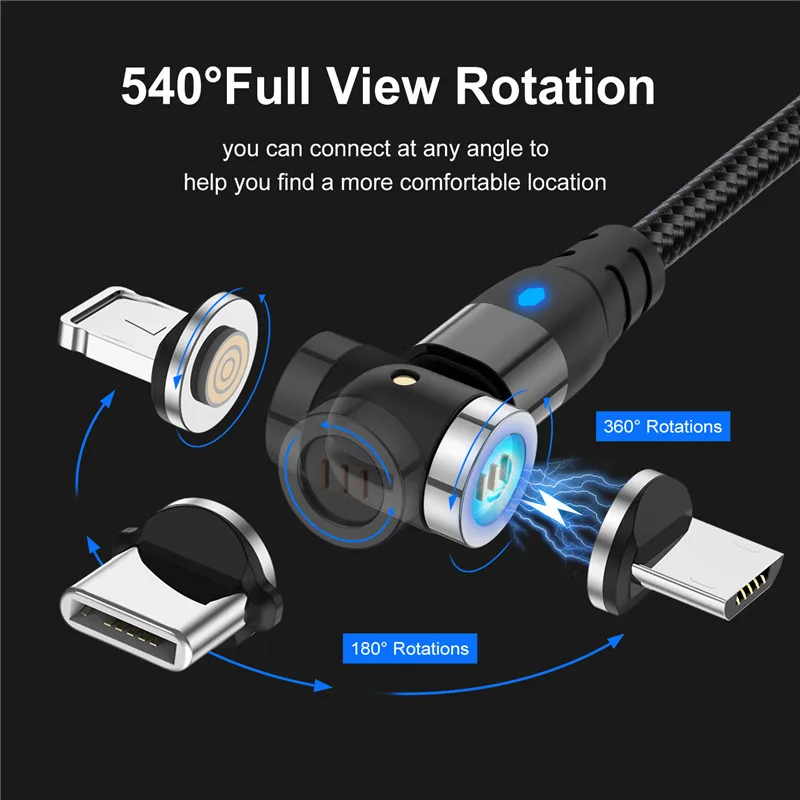 USLION 540 Rotate Magnetic Cable usb 3A Fast Charging Type C Magnet Charge Micro For iPhone 11 Pro 7 Samsung Xiaomi USB C Cable