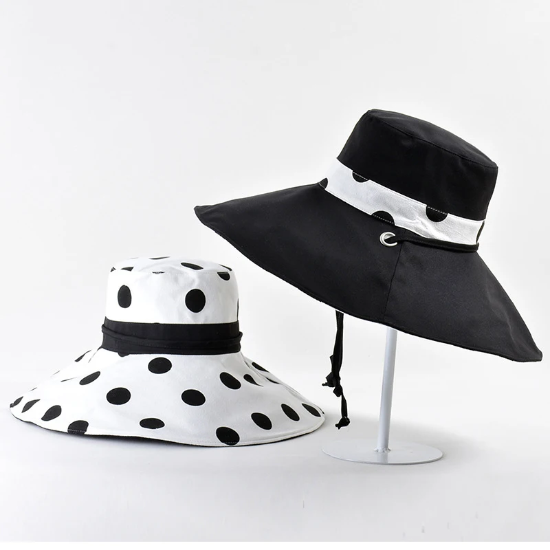 

Summer Women's Beach Big Wide Brim Dots Cotton Sun Protection Hats Outdoor Ladies Double Sided Bucket Hat Foldable Sunhat Cap