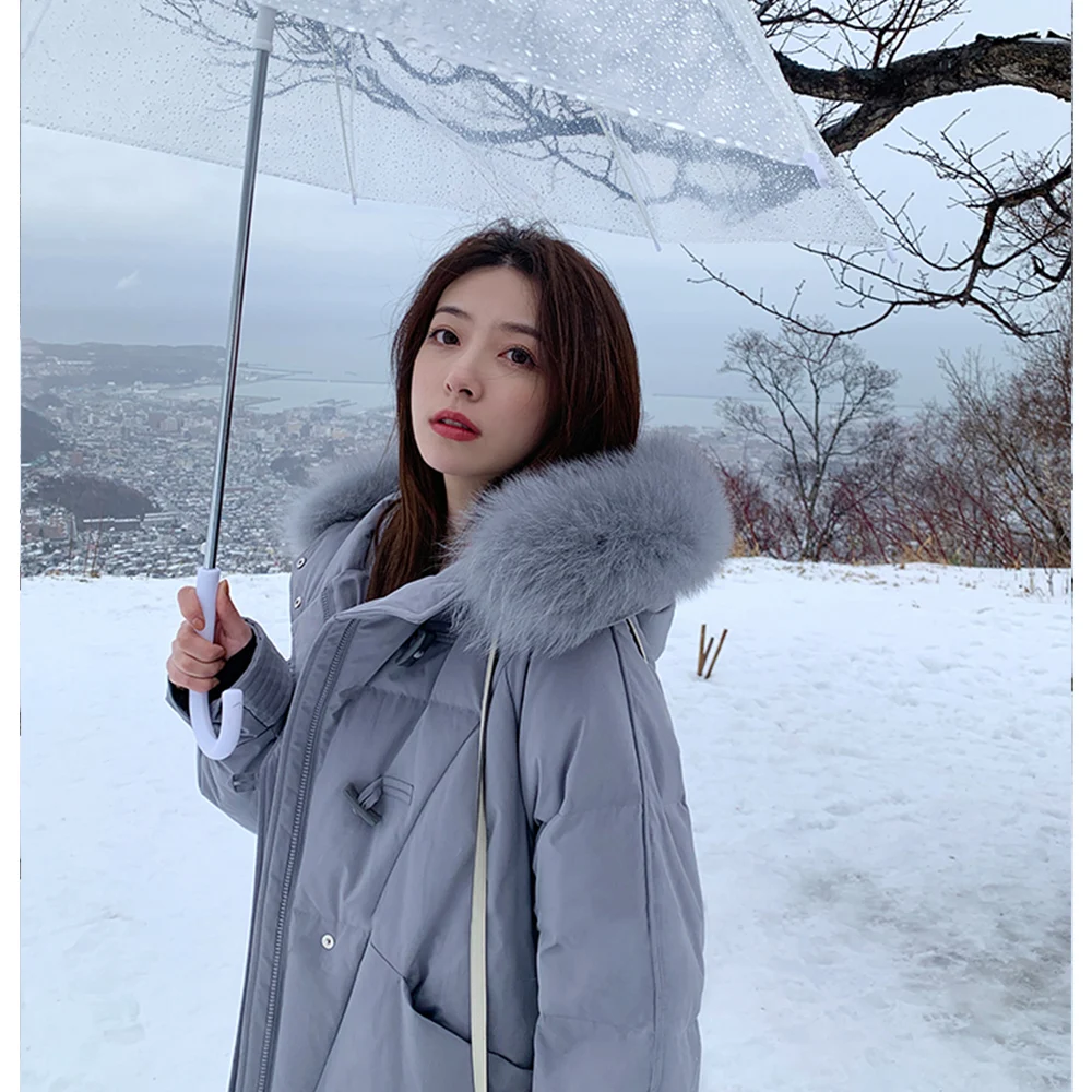 

2020 New Korean Fashion Horn Buckle Down Cotton Padded Jacket Mid-length Loose Thick Padded Jacket Women Parka