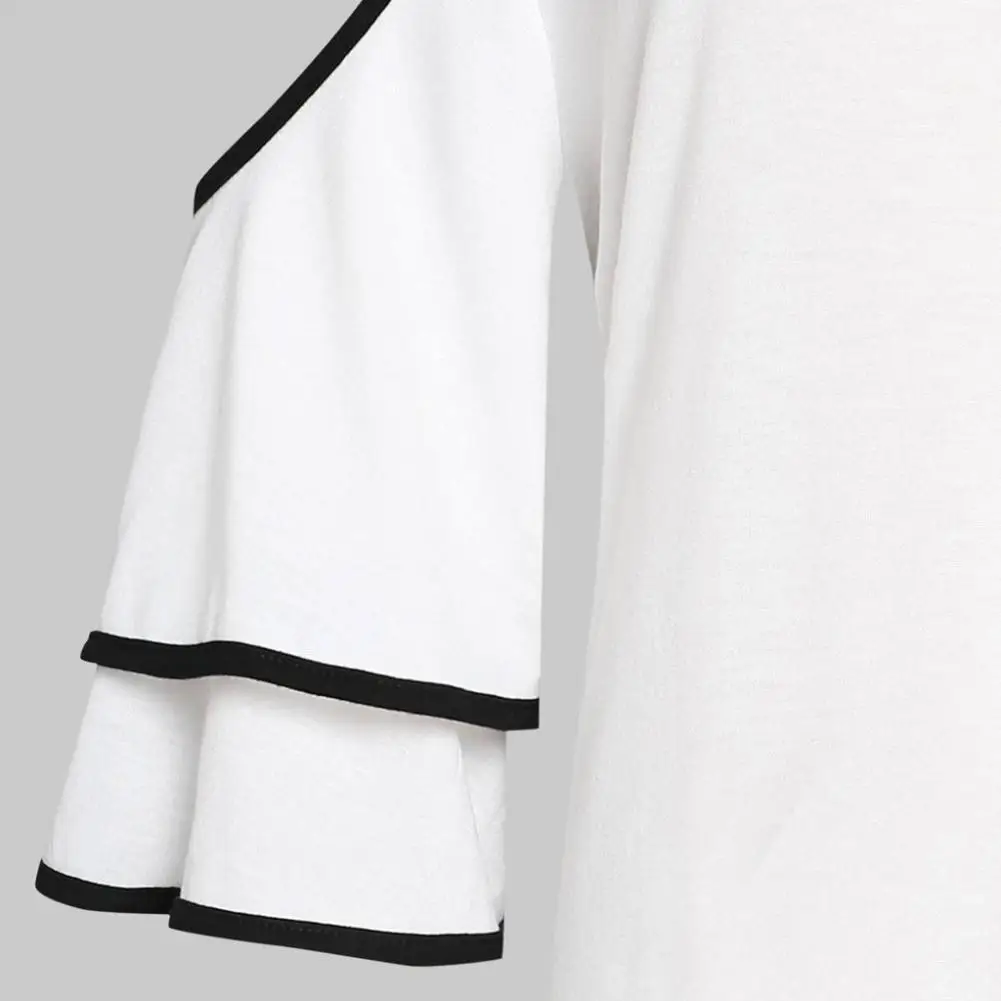 

Plus Size Women Sequins Neck Cold Shoulder Ruffled Sleeve Irregular Hem Blouse