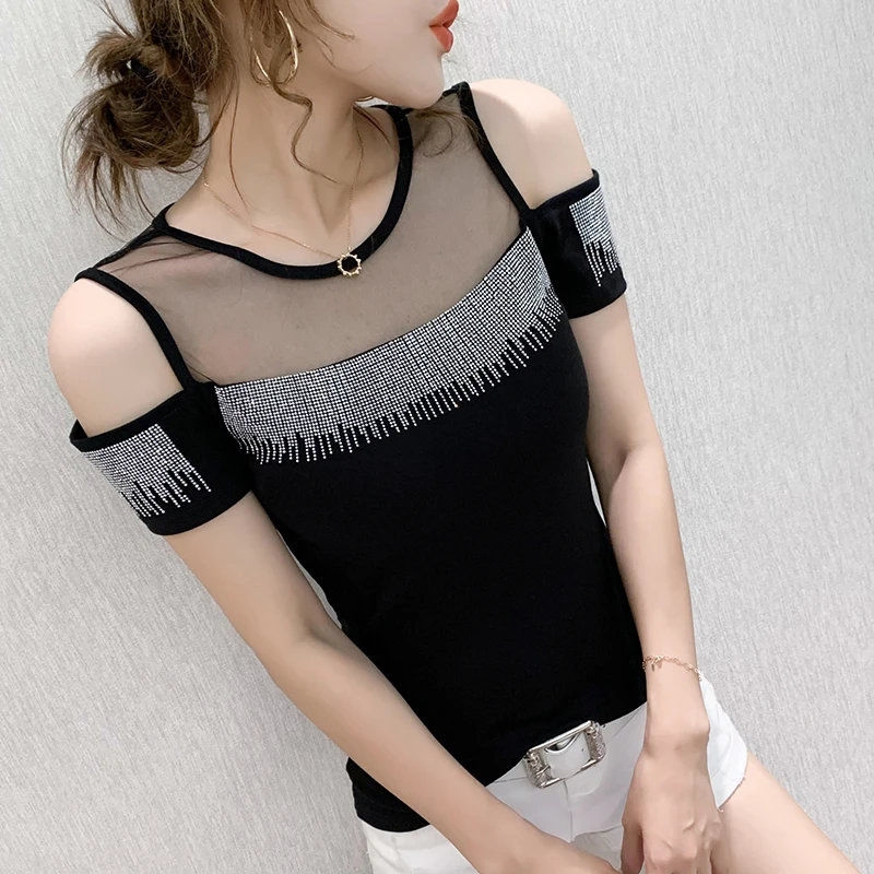 2021 Summer New short-sleeved Women t-shirt sexy O-neck hot diamond fashion strapless wild slim T-shirt women tops | Женская одежда