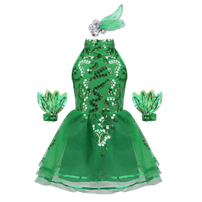 Детский танцевальный костюм без рукавов для девочек зеленый блестящий