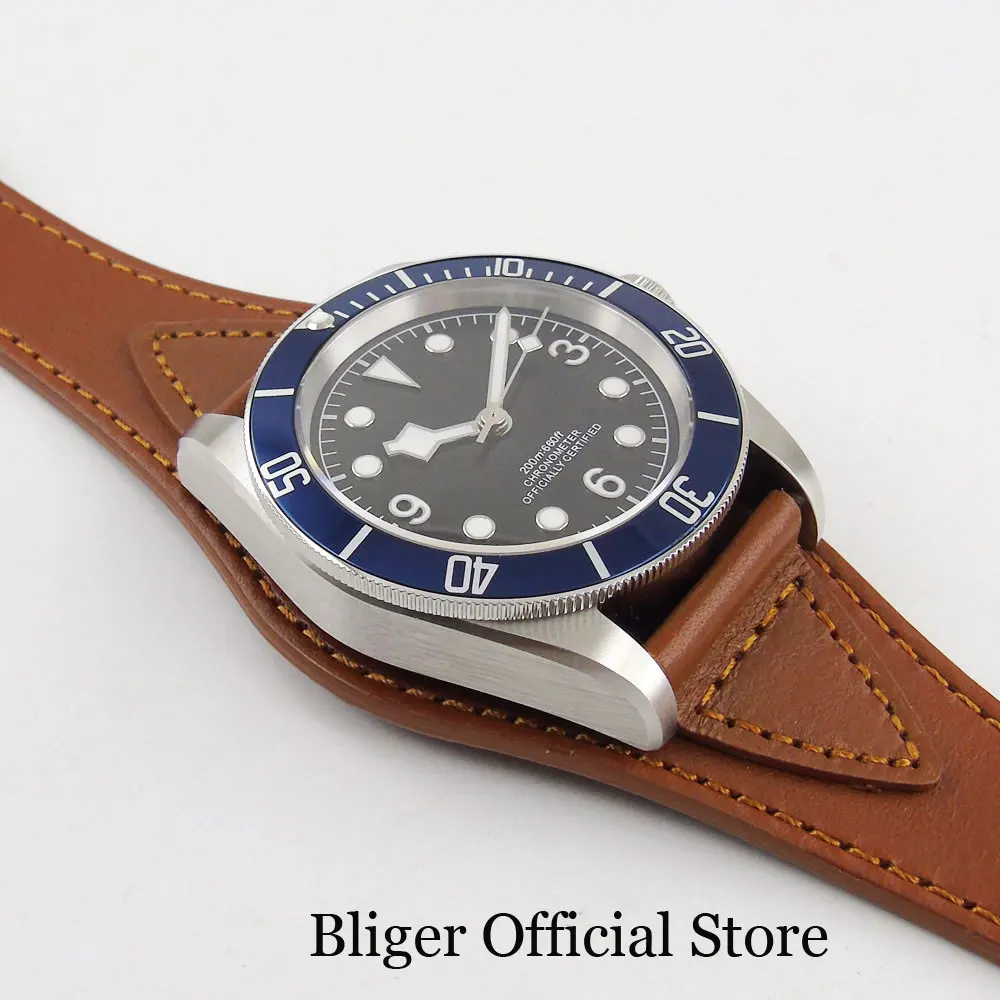 

Top Brand Sapphire Glass 41mm Silver Color Case Rotating Bezel Automatic Men Wristwatch Automatic Movement Brown Leather Strap