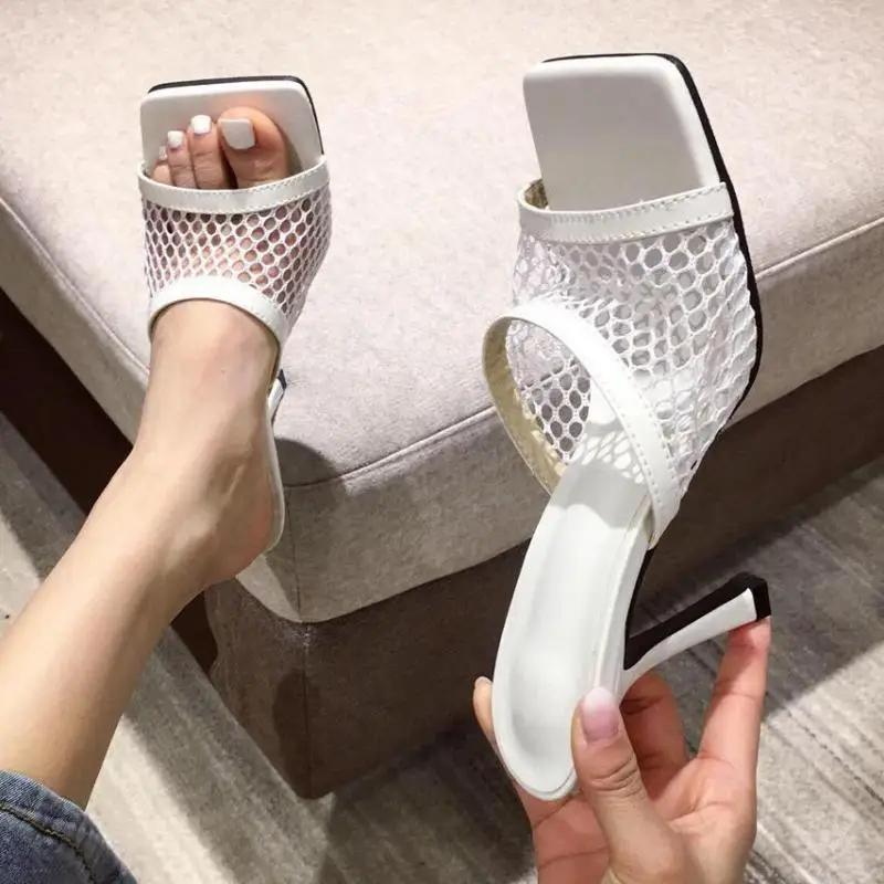 

New Sexy PU Square head Peep Toe High Heel Mesh Slippers Summer Fashion Slip On Thin Slides Women Ytmtloy Zapatillas Mujer Casa