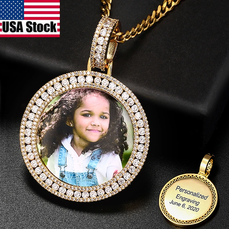 Round Custom Made Photo Pendant Necklace Medallions Engraved Crystal Tennis Chain Iced Out Top Quality Mens Hip Hop Jewelry