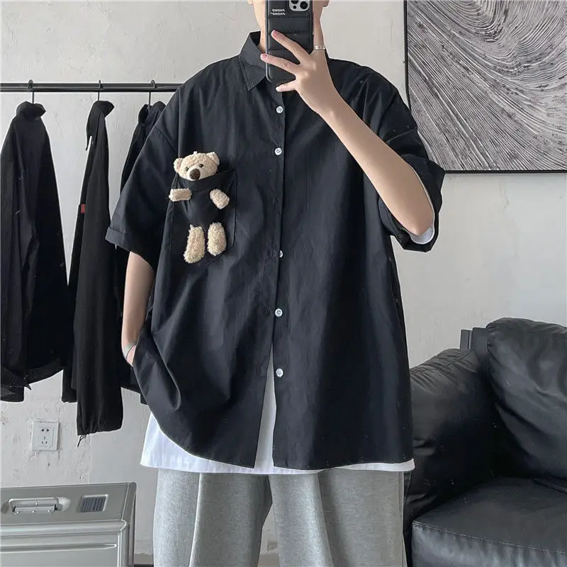 

2021 Korean Style Summer Men's Short Sleeve Loose Shirt Camisa Masculina Bear Doll Shirts Streetwear Fashion Cotton Shirts