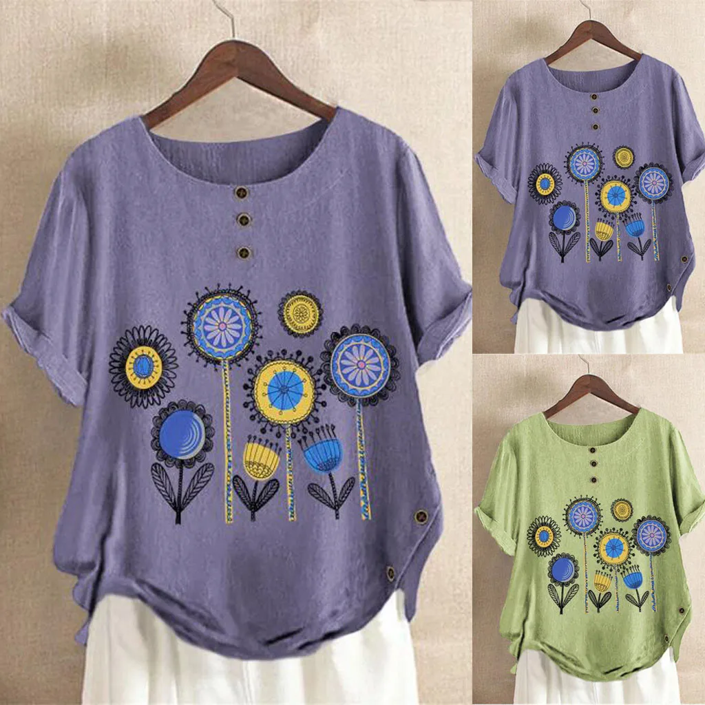 

Женская футболка с коротким рукавом и круглым вырезом, из хлопка и льна