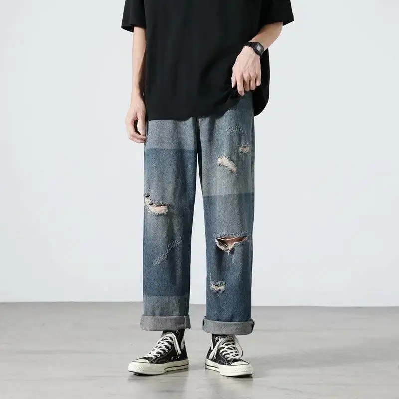 Ripped Wide-leg Jeans Men's Fashion Retro Baggy Harajuku Jeans Men Streetwear Loose Hip-hop Hole Straight Denim Trousers Mens