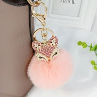 cute rhinestone fox pompom keychain rabbit fur pendant for women bag car key ring phone fine jewelry accessories kids girl gift