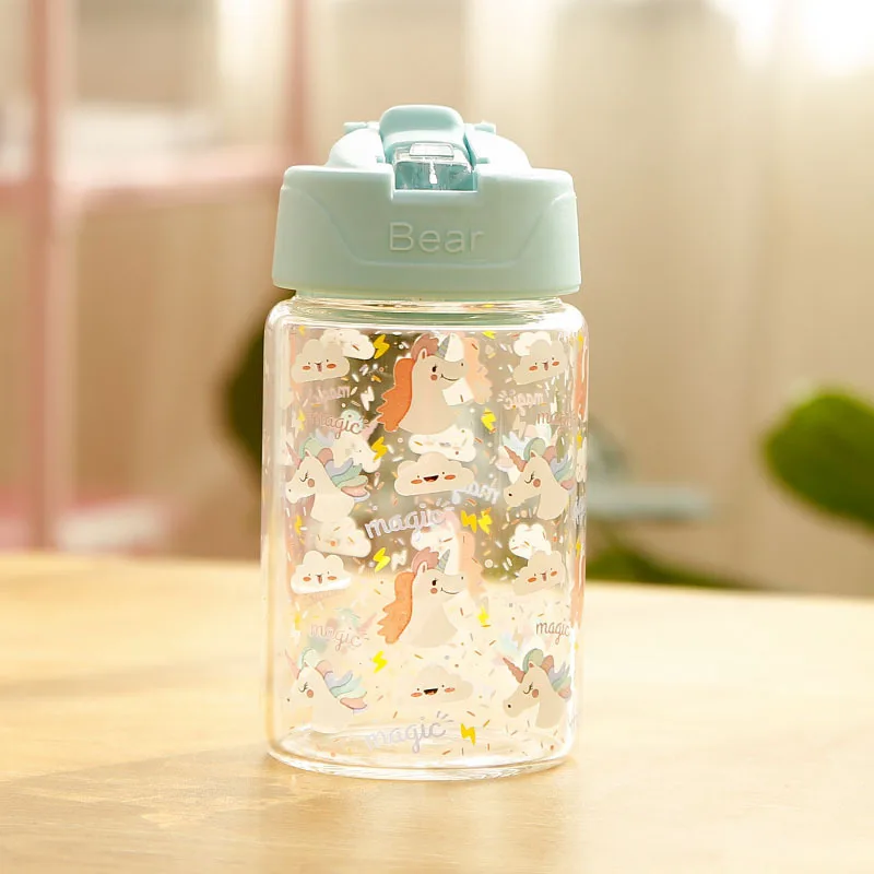 300ml Blue Стеклянная бутылка для воды с единорогом для детей с соломинкой и откидной крышкой для девочек Герметичная Бутылка для путешествий BPA Бесплатно 300 мл, 400 мл - Цвет: 300ml Blue