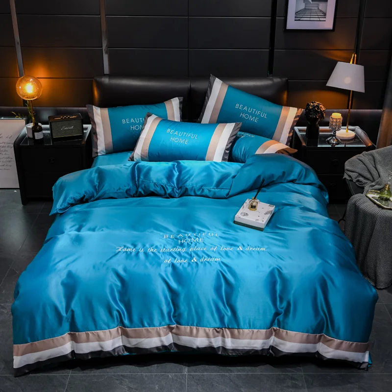 

Luxury Ice Silk Duvet Cover Set Pillowcases Sheet Bedding Bed 4pcs Set
