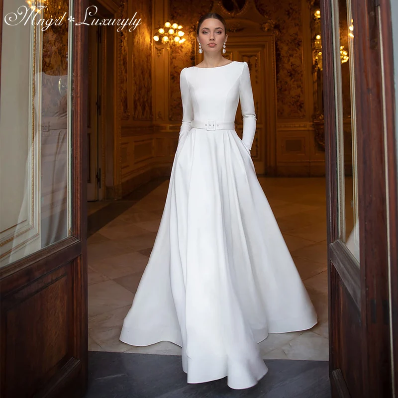 

Luxury Matte Soft Satin A Line Wedding Dresses Long Sleeve Sashes Bridal Gowns O Neck Plus Size Tailor-made