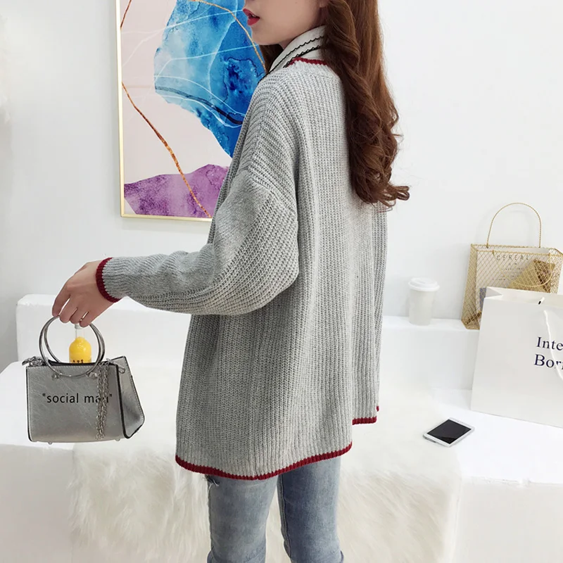 QoerliN Lazy Style Cardigans Women Sweater Student Chic Long Sleeve Jumper Single-Breasted Button Girls Gray Knitted Jacket Coat |