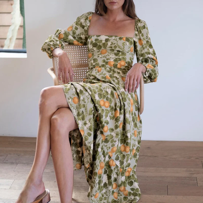 

Vintage Green Floral Printed Long Lantern Sleeve Midi Dresses for Women 2021 Summer Vacation Boho Vestido De Mujer