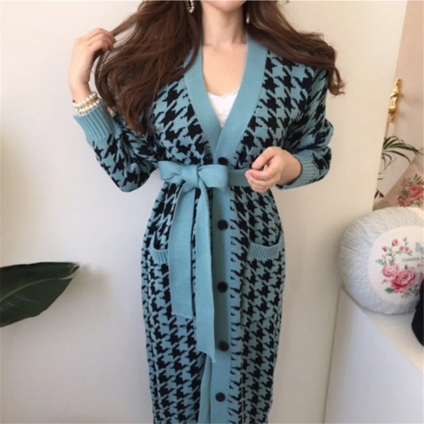 

Women's Knitting Clothing V-neck Single breasted belt Long Knit Sweater Cardigan Jacket coat