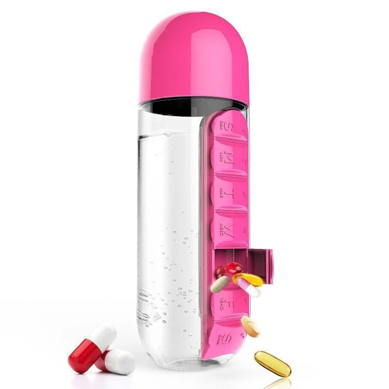 

Olerd 600ml Water Bottle with Pillbox Plastic Drink Bottle with Medicine Pills Box Travel 7 Days Drug Organizer Drinking Bottles