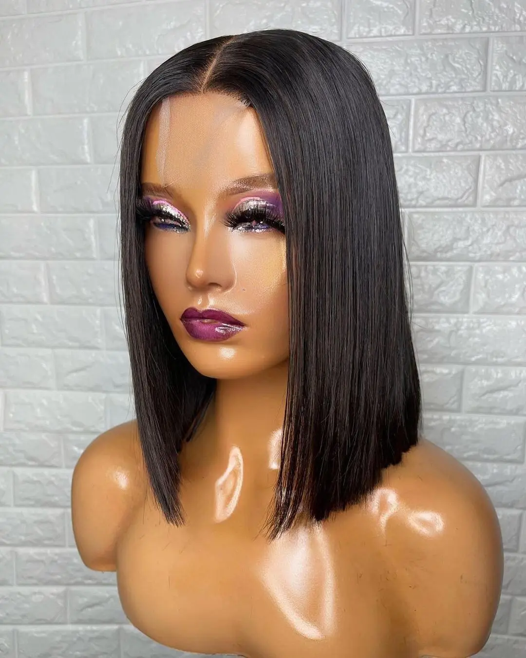 Black Hair Bob Lace Front Wigs Synthetic Short Hair Lace Wigs Heat Resiatant Fiber Hair Middle Part With Baby Hair Natural Look