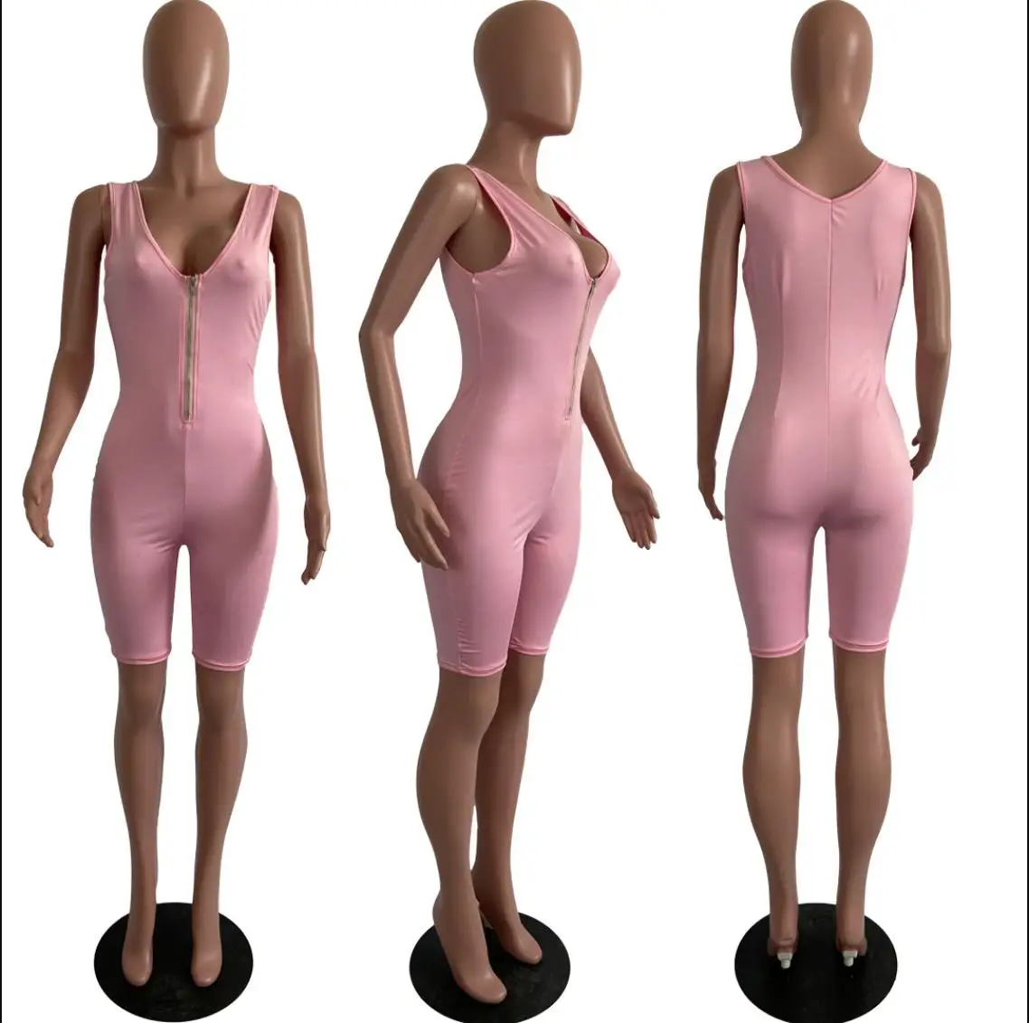 women playsuit solid Fluorescence skinny bodysuit 2020 spring summer sleeveless sexy v-neck zipper fly short outfit romper |