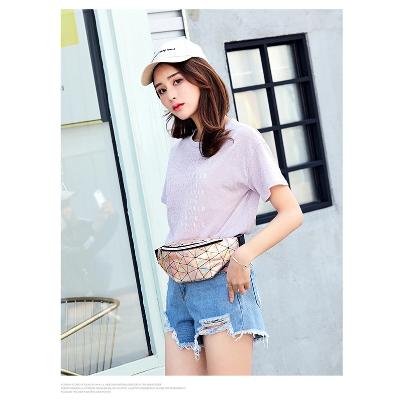 RIAYOOE Fashion women belt bag Geometric black banana bag gold Silver Sequin waist bag Laser Phone Pouch