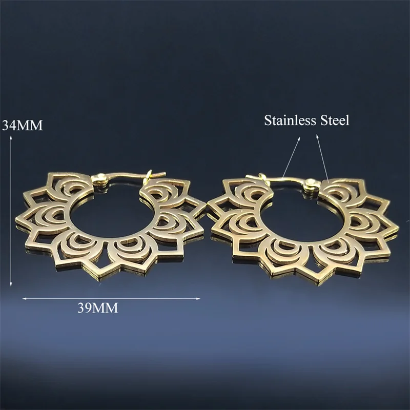 2023 Stainless Steel Big Lotus Flower Circle Earrings for Women Gold Color India Round Earrings Jewelry pendiente aro E8970S01 images - 6