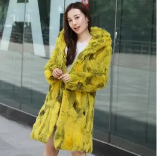 Yellow Меховое пальто с капюшоном, смешанные цвета, натуральный мех кролика, женская зимняя куртка с капюшоном, низкая Скидка, распродажа, мех sr692 - Цвет: Yellow