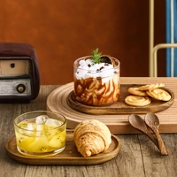 acacia wood oval tea tray snack fruit dry fruit serving plate food storage dish coffee cup with spoon breakfast ceramic milk mug