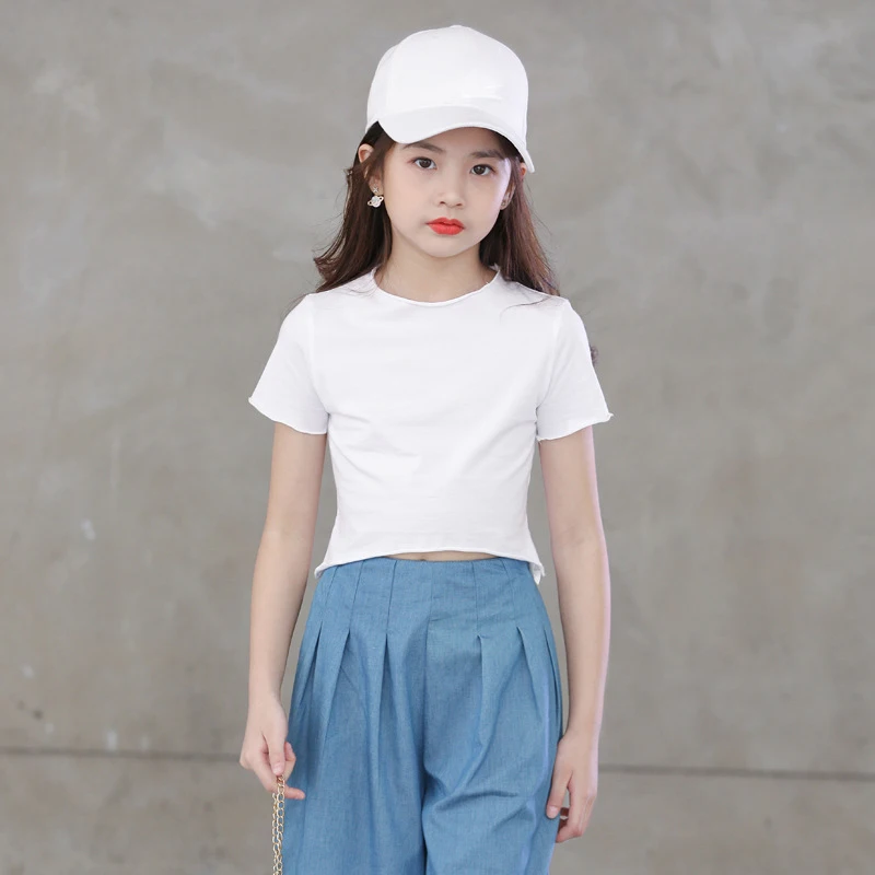 

Teenage Girls T shirt 2020 New Summer Solid Color Cotton T shirt Irregular Short Tops Big Girls T shirt DT141