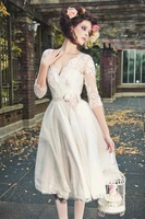 vestido de noiva curto short vintage lace with sleeves a line v neck open back custom made bride gown 2018 bridesmaid dresses