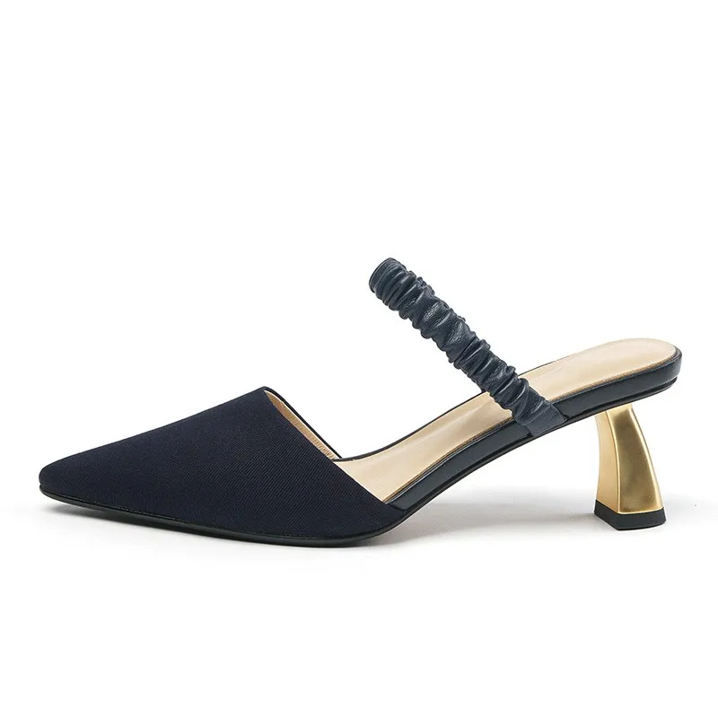 

Strange Metal Heeled Mules Shoes Women Summer Concise Simple Pointed Toe Slip On Fabric Folds Pleated Slipper Sandals Female New