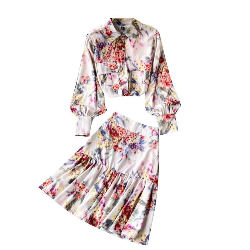 

2021 Spring Temperament Fashion Suit Two-piece Tie-dye Printed Lapel Lantern Sleeve Shirt Female Wild High Waist Mini Skirt C389