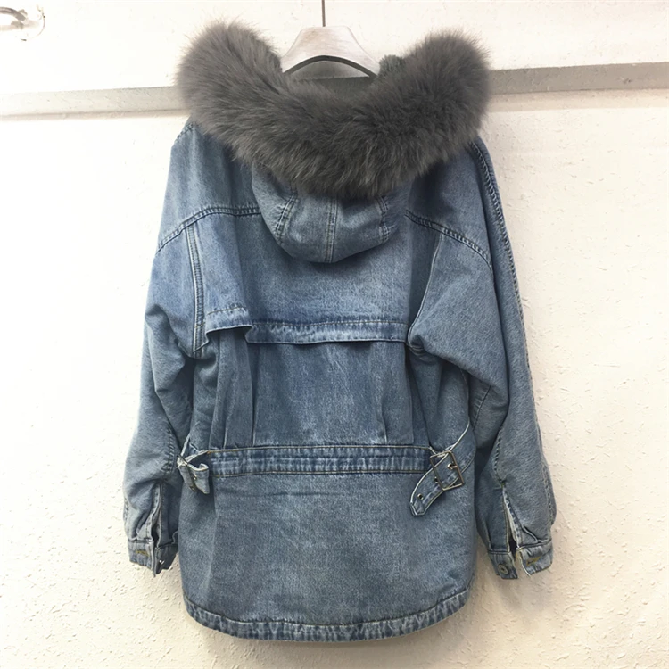 Женская зимняя джинсовая куртка теплая Толстая Съемная с воротником из