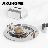 electroplated stainless steel round tray with wooden handle to store discs and teacup trays serving dishes sets